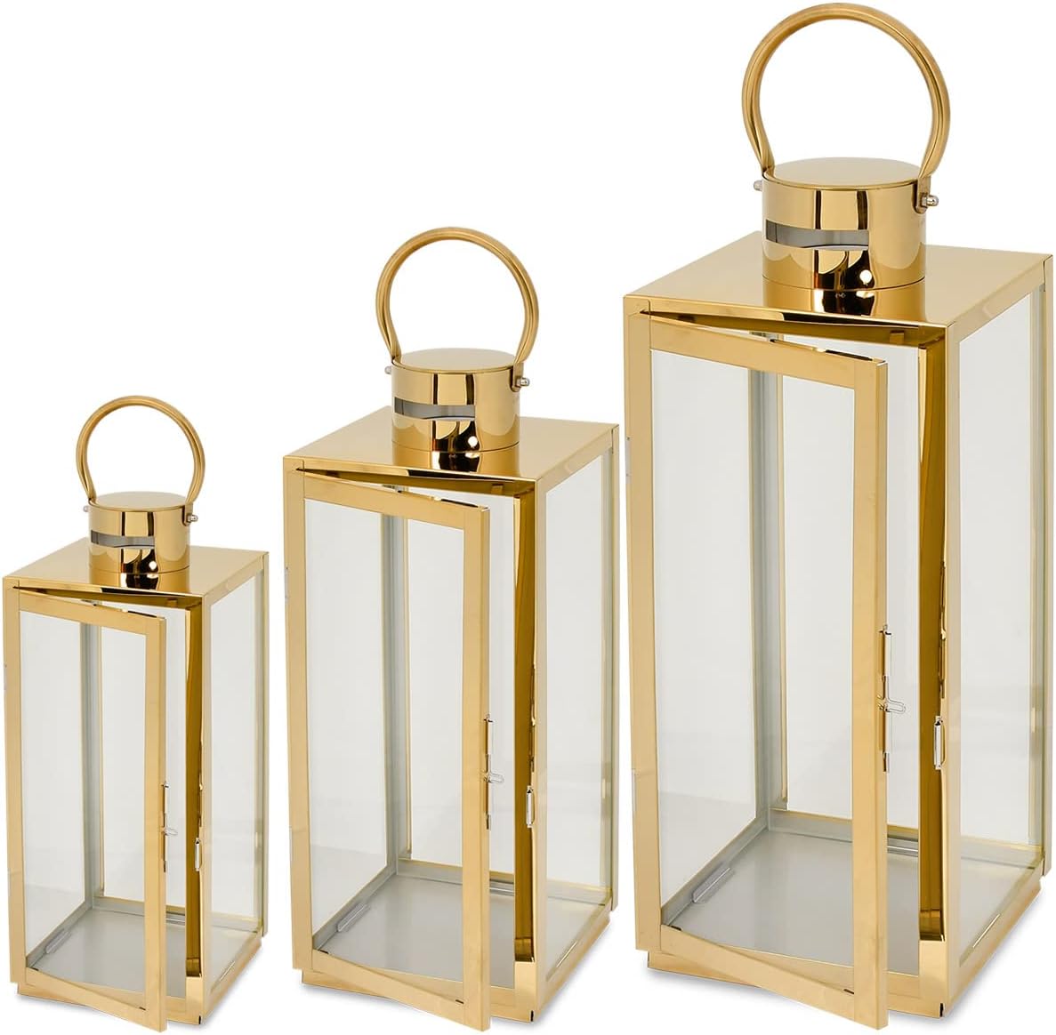 Set 3 felinare decorative din sticla, Zola, dimensiuni diferite 63 / 49 / 38 cm, otel inoxidabil, aurii Set 3 felinare decorative din sticla, Zola, dimensiuni diferite 63 / 49 / 38 cm, otel inoxidabil, aurii